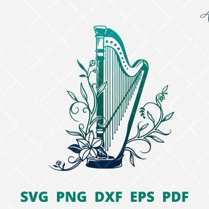 Harp SVG, Floral Harp svg, Harp wall decor, music instrument svg, Harp png, band logo, Harp with flower svg, musical equipment svg