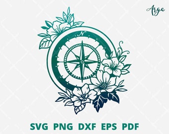 Boussole svg, Boussole avec fleur svg, Boussole rose svg, Boussole vintage svg, Boussole florale svg, Boussole murale décor, Boussole png sublimation