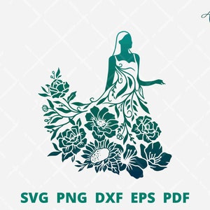 花のドレス svg、女性ファッション ロゴ svg、花柄ドレス svg、ブティックの壁飾り、花柄ドレス カット ファイル、ファッション ストアのロゴ、ドレス png