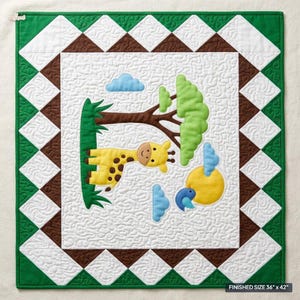 May include: A square quilt featuring a central white panel with a yellow giraffe, a brown tree, green foliage, a yellow sun, and blue clouds. The border consists of brown and white triangles with a green outer edge. The finished size is 36 by 42 inches.