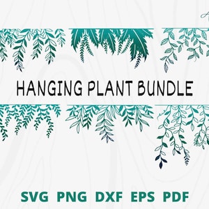 Peut inclure: Un ensemble de cinq fichiers de découpe numériques représentant différents styles de plantes suspendues. Les fichiers sont disponibles aux formats SVG, PNG, DXF, EPS et PDF. Le texte "HANGING PLANT BUNDLE" est affiché au centre de l'image.