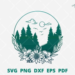 Pine forest svg, Forest in flower frame, forest Scene SVG, Floral forest wall decoration, Forest svg file, woodland svg