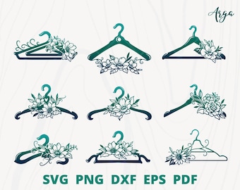 Perchas svg bundle, perchas florales svg, percha de ropa svg, logotipo de moda, logotipo de boutique, decoración de pared de tienda de moda, perchas de moda svg