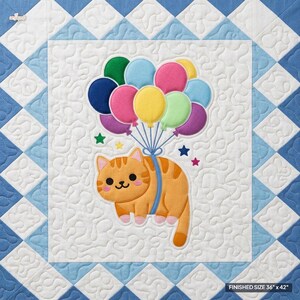 May include: A quilted blanket featuring an orange tabby cat holding a cluster of colourful balloons. The quilt has a white centre with stippled stitching, a blue and white diamond border, and text in the corner stating FINISHED SIZE 91 cm x 107 cm.