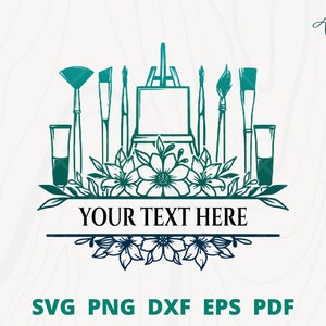 Painting svg, art tool svg, artist tool svg, painting equipment svg, artist logo, split monogram painting svg, floral painter frame png