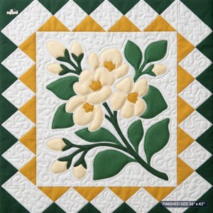 May include: A square quilt block featuring a central cream-coloured floral appliqué with green leaves on a white background. The border consists of alternating gold and white triangles, with a finished size of 91.4 cm by 106.7 cm.