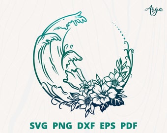 Floral wave svg, Wave SVG, Wave scene svg, ocean scene svg, wave with flower svg, Circle wave frame, Wave wall decor, Ocean scene svg