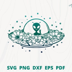 Könnte beinhalten: Ein grüner Außerirdischer mit einem Peace-Zeichen in der Hand in einer fliegenden Untertasse mit weißen Blumen am Rand.