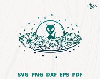 Flower UFO svg, Cute Alien svg, UFO svg, Alien girl svg, Alien Peace svg, Alien Ship svg, UFO Wall decor, Alien Cut file, Spaceship svg