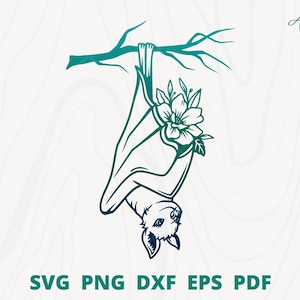 Murciélago durmiente svg, Murciélago floral svg, Murciélago con flor, Murciélago lindo svg, Murciélago svg, Murciélago de Halloween svg, Clipart de murciélago, Archivo cortado de murciélago, Decoración de pared de murciélago