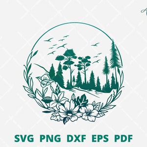 Forest in flower frame, forest Scene SVG, Floral forest wall decoration, pine forest svg, Forest svg file