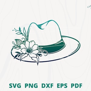 May include: A black and white line drawing of a hat with a flower on the side. The hat has a wide brim and a band around the crown. The flower is a simple design with five petals.