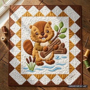 May include: A quilted wall hanging featuring a central appliqué of a brown beaver holding a log with green leaves. The beaver stands near blue water and bulrushes. The quilt has a white background with a brown and white diamond border pattern.