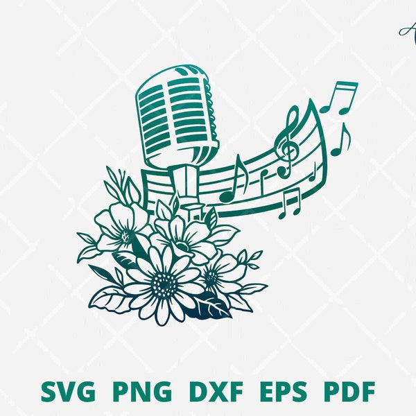 Floral microphone svg file, vintage microphone with flower for a feminine singer or podcast logo, singer wall decor, microphone clipart