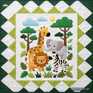 May include: A quilted wall hanging featuring a jungle scene with a giraffe, elephant, lion, and zebra. The quilt has a white center with green and white diamond borders, measuring 36 inches by 42 inches, with trees, clouds, and a sun.