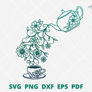 La théière verse des fleurs dans une illustration de tasse, théière svg, théière avec bouquet de fleurs, tasse à thé florale en fichier svg coupé pour cricut