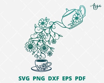 Teapot pours flowers into a cup illustration, teapot svg, teapot with flower bouquet, tea cup floral in SVG cut file for cricut