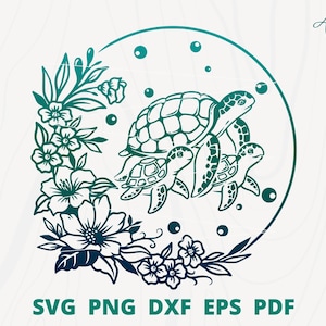 mom turtle with her babies svg, Turtle with flower svg, Sea Turtle svg, Ocean Animal svg, Turtle Silhouette, Beach Turtle svg, turtle vector
