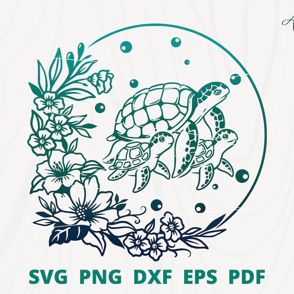 maman tortue avec ses bébés svg, tortue avec fleur svg, svg tortue de mer, océan Animal svg, silhouette de tortue, plage tortue svg, vecteur de tortue