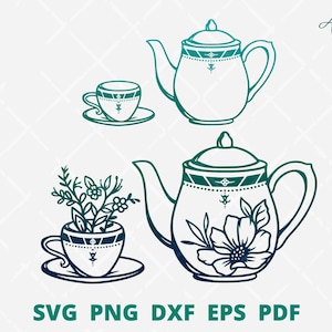 Theeservies svg bundel, theepot svg, theepot clip art voor café wand decor, koffie kopje svg bestanden voor cricut en silhouet