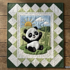 May include: A quilted wall hanging featuring a central appliqué of a panda sitting in a grassy field with bamboo stalks, a yellow sun, and white clouds against a blue sky. The border consists of white and green diamond-shaped fabric patches.