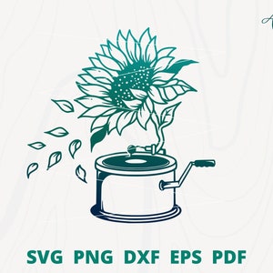 girasole svg, grammofono svg, grammofono girasole, fonografo svg, file di taglio grammofono, grammofono vintage, musica classica svg