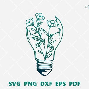May include: A green line art illustration of a light bulb with flowers growing inside. The light bulb is broken at the top and the flowers are growing out of the break. The flowers are simple line drawings with five petals each.