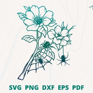 May include: A black and white line art design of a flower with spider webs and spiders. The flower has five petals and a center with a circle. The spider webs are intricate and the spiders are small and detailed.