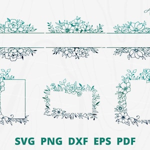 Puede incluir: Un conjunto de seis archivos de corte SVG de marco floral. Los marcos están hechos de delicados diseños florales con un degradado de colores verde y azul. Los marcos son perfectos para agregar un toque de elegancia a tus proyectos.