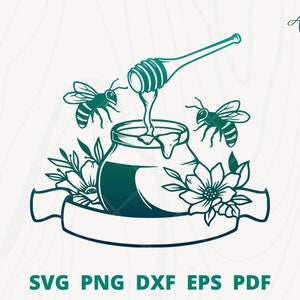 Honey pot svg, Honey bee svg, Honeycomb with flower svg, Floral honey svg, floral bee svg, bee wall decor, bee cut file, bee clipart.
