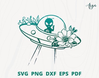 Alien Peace svg, Alien Ship svg, floral UFO svg, Alien svg, Flower UFO svg, UFO Wall decor, Alien Cut file, Alien Silhouette, Spaceship svg