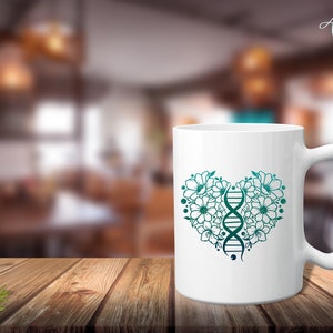 May include: White ceramic mug with a green and blue gradient design of a DNA double helix inside a heart shape made of flowers.