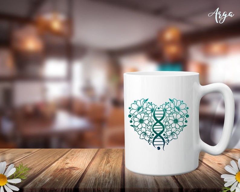 May include: White ceramic mug with a green and blue gradient design of a DNA double helix inside a heart shape made of flowers.