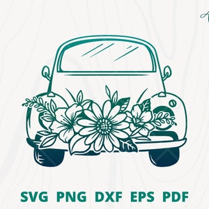 Floral car SVG, car with flower svg, wedding car svg, marriage svg, wedding car wall decor, wedding sticker, wedding car drawing