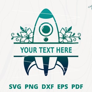 May include: A teal blue rocket ship with floral accents and a banner that says "YOUR TEXT HERE".