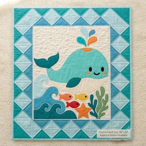 Whale Appliqué Quilt Pattern PDF, Baby Blanket PDF Sewing Pattern, Nursery Quilt Pattern, A4, US Letter and Mirrored