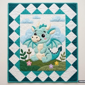 May include: A rectangular quilt featuring a central appliqué of a light blue dragon sitting on a green hill with small flowers. The background shows light blue clouds. The border has a geometric teal and white pattern. Finished size 91.44 cm x 106.68 cm.