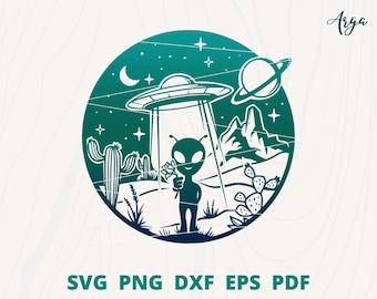 Alien svg, UFO svg, Alien on the Desert svg, Alien Ship svg, UFO Clipart, UFO Wall decor, Alien Cut file, Alien Silhouette, Spaceship svg