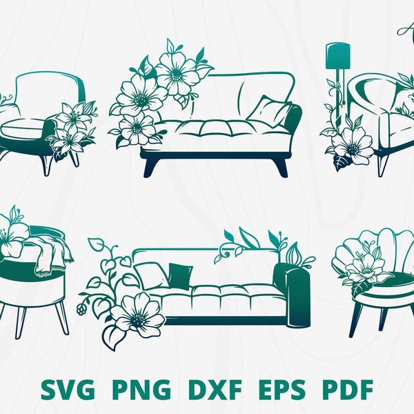 Sofa svg bundle, Couch svg, Living Room svg, Sofa with flower, Vintage Couch svg, Floral Couch svg, Sofa Clip art, Furniture svg