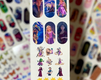 May include: A sheet of nail decals featuring characters from the Disney movie Tangled. The decals include Rapunzel, Flynn Rider, Mother Gothel, and Pascal the chameleon. The sheet also includes a few lanterns and stars.