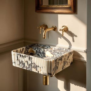 Calacatta Viola Marble Basin: Wall Mounted Fluted Bathroom Sink