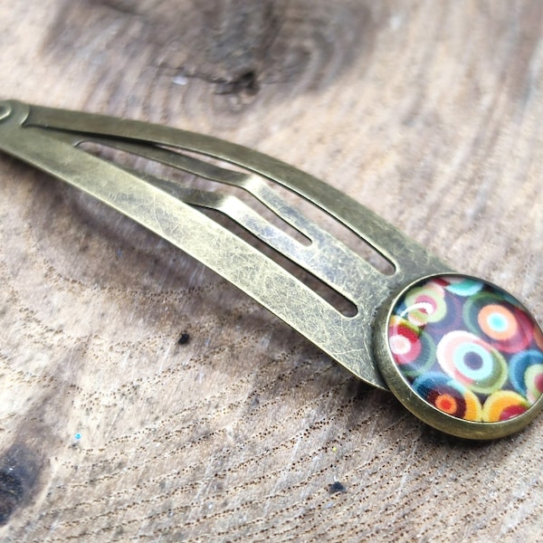 Barrette, acier inoxydable, cabochon de 12 mm de diamètre en résine sur imprimé, fait main