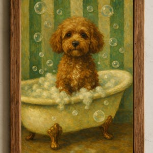 May include: A framed painting depicts a brown dog in a vintage bathtub filled with bubbles. The dog is the focal point, with a fluffy coat and a gentle expression. The background features green and white striped wallpaper.