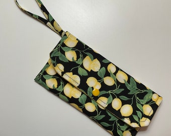 Vintage Lemon Wristlet Wallet, Handmade Fabric Clutch Bag, Medium Sized Wallet