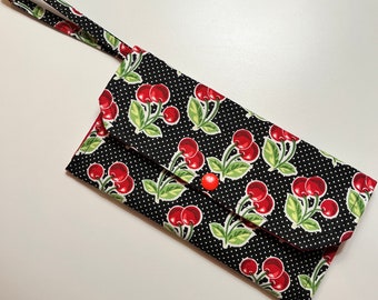 Vintage Cherry Wristlet Wallet, Handmade Fabric Clutch Bag, Medium Sized Wallet