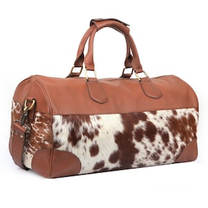 Bolso de cuero de vaca Bolso de lona de cuero grande Bolso de viaje Piel de vaca Bolso de fin de semana / noche Bolso de cuero genuino Bolso de cuero de vaca marrón y blanco