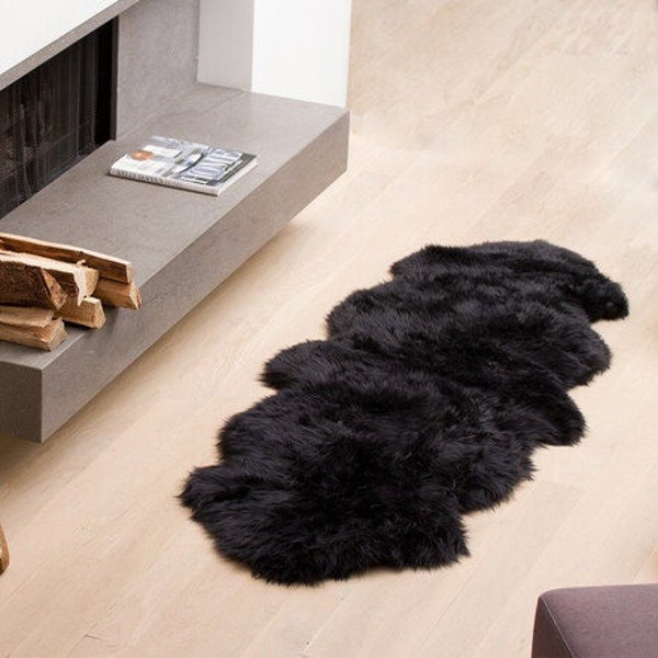 Véritable tapis en peau de mouton Tapis en peau de mouton noir Grand tapis en peau de mouton Environ 2 x 6 tapis de sol