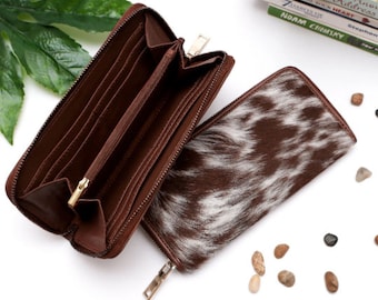 Cartera de piel de vaca auténtica para mujer, color marrón y blanco, estilo western, con cremallera, monedero de piel de vaca, regalo para ella.