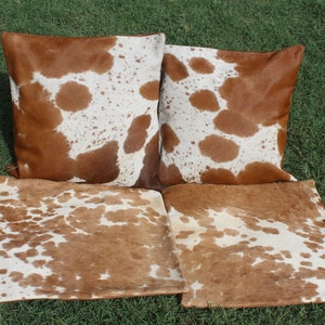 Cowhide Pillowcases Brown White Cowhide Pillow Cover Real Cowhide Cushion Cover 16 x 16 Set Of 2