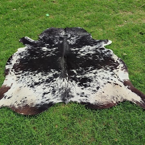 Puede incluir: Una alfombra de piel de vaca negra y blanca con detalles marrones. La alfombra tiene un patr&oacute;n de manchas y est&aacute; colocada sobre una superficie de hierba verde.